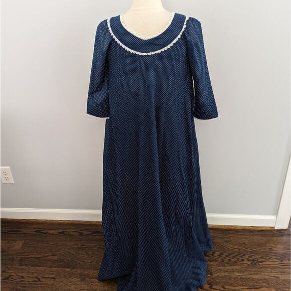 Vintage Andrade Honolulu Navy Polka Dot Dress Size 6 Lined Maxi Elbow Sleeve - Picture 1 of 11